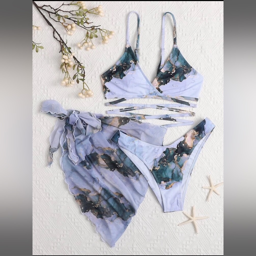 Shein 3 piece Marble Print Bikini Swimsuit with Beach Skirt NWT